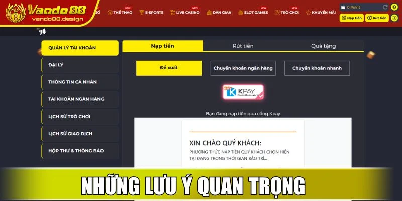 Những lưu ý quan trọng khi thực hiện nạp tiền Vando88
